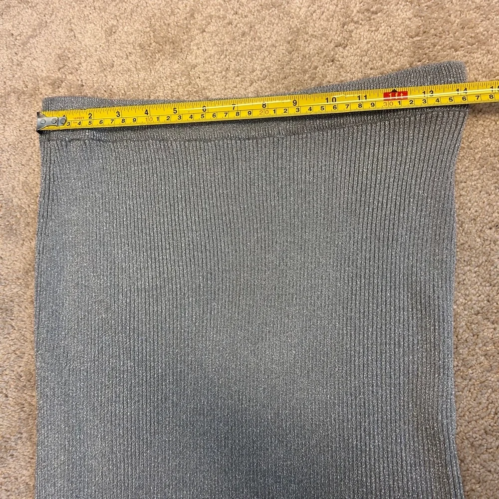 Zara metallic silver thread gray knit midi pencil skirt side slit Sz L NWOT￼